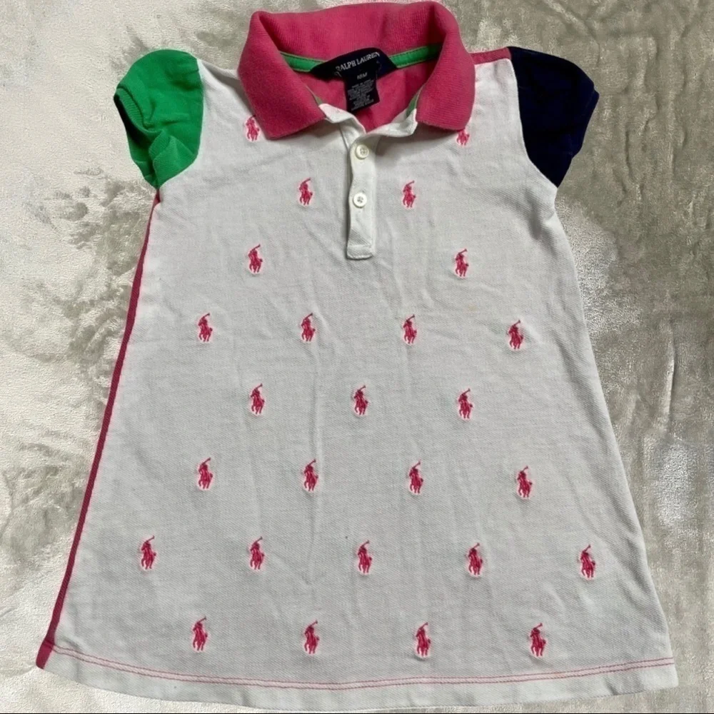 Ralph Lauren 18M Colorblock Polo Dress White Pink Multi-Pony Pattern Embroidered